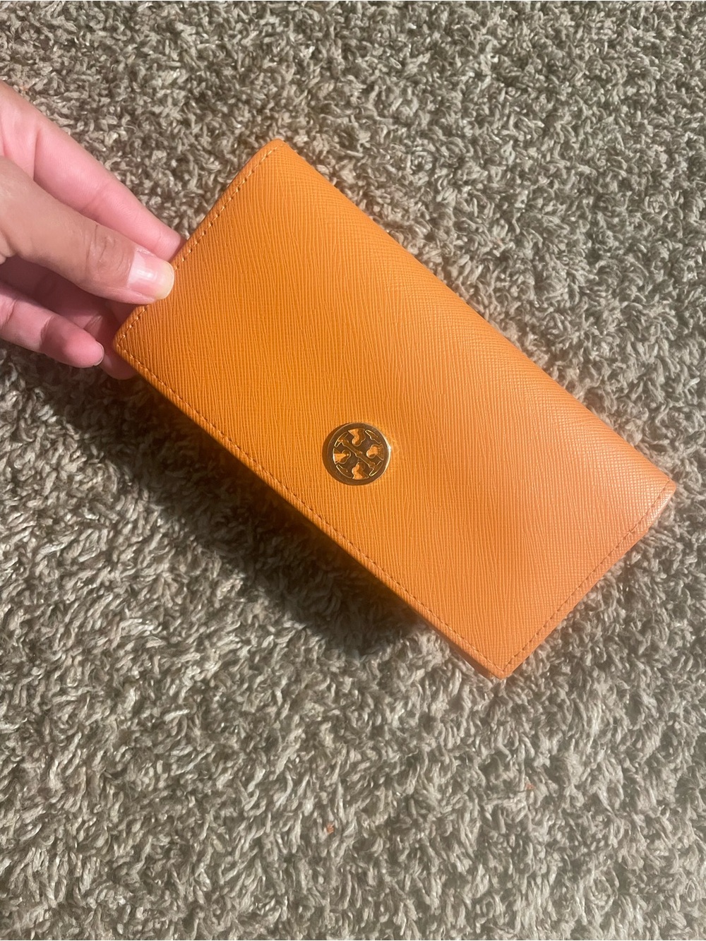 Tory Burch Orange Saffiano Continental Card Holder Wallet with Gold Logo